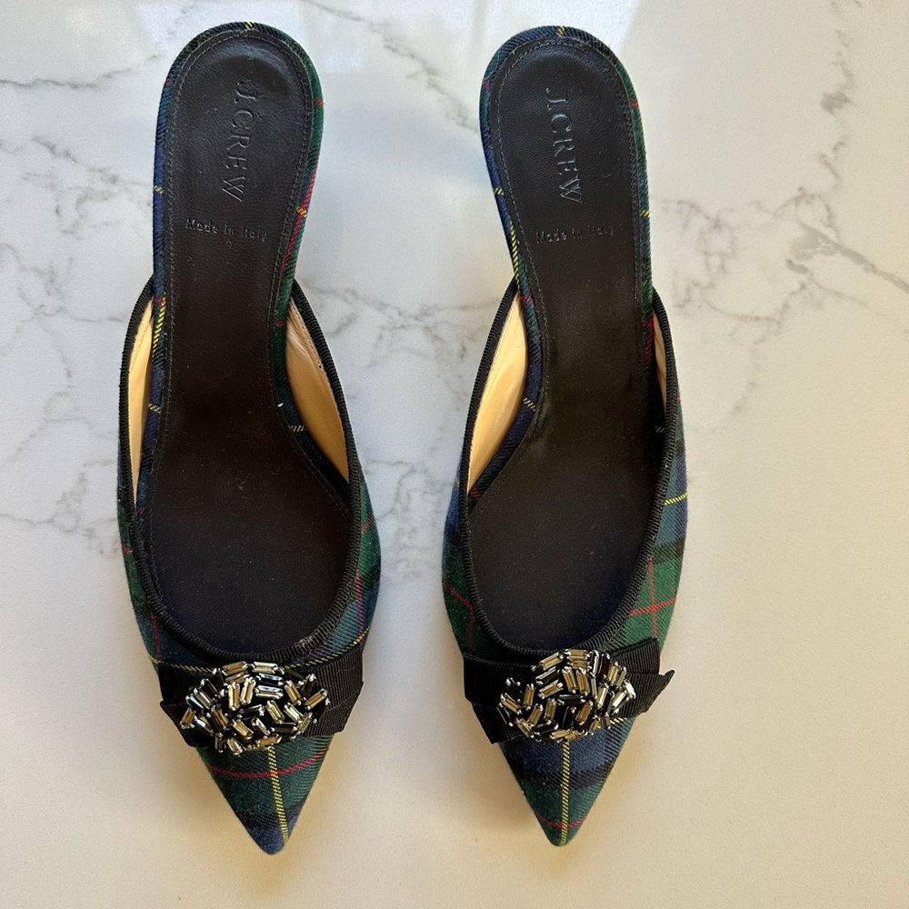 J Crew tartan kitten heels, never worn because they are too small.
